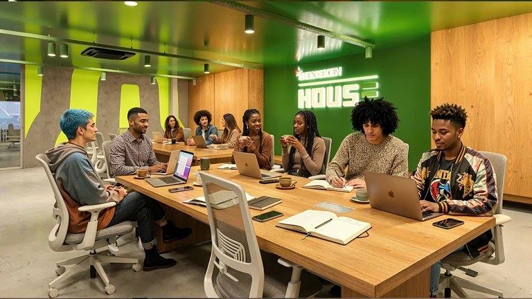 Pessoas trabalhando em volta de uma mesa na Heineken House