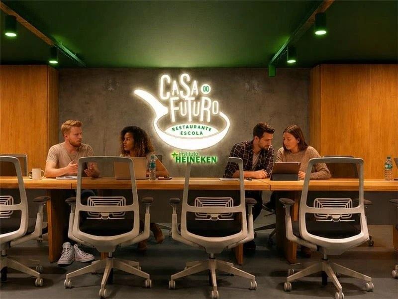 Participantes em mesa de trabalho sob o letreiro luminoso da Casa do Futuro